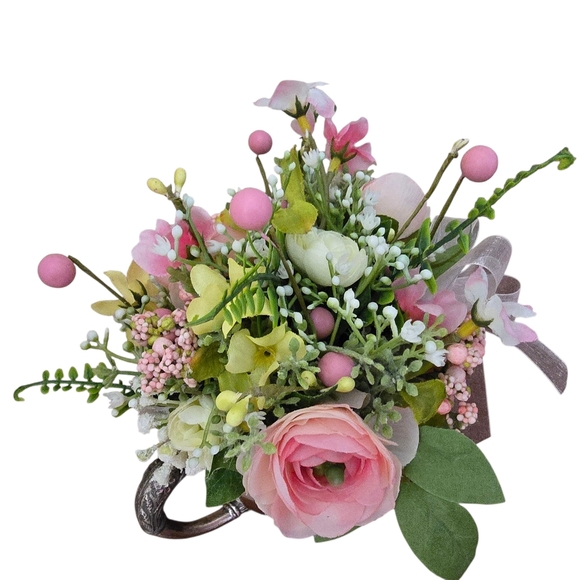 French Country Silverplate Sugar Bowl Pink and Green Faux Floral Arrangement - Picture 2 of 3